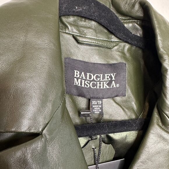 Olive Green Leather Trench Coat Badgley Mischka Women's Size XS NWT $499 - Picture 4 of 7